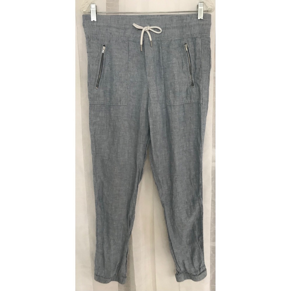 Athleta Cabo Linen Jogger Pants Blue Chambray‎ Size 6 Drawstring Zip Pocket